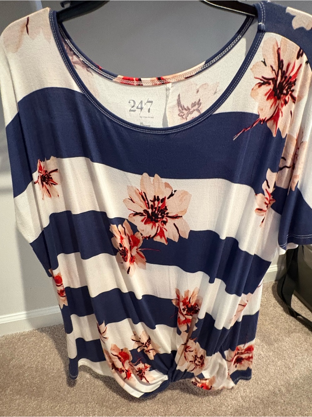 247 by Marisa Navy & Cream Floral Stripe Knot-Front Short Sleeve Top